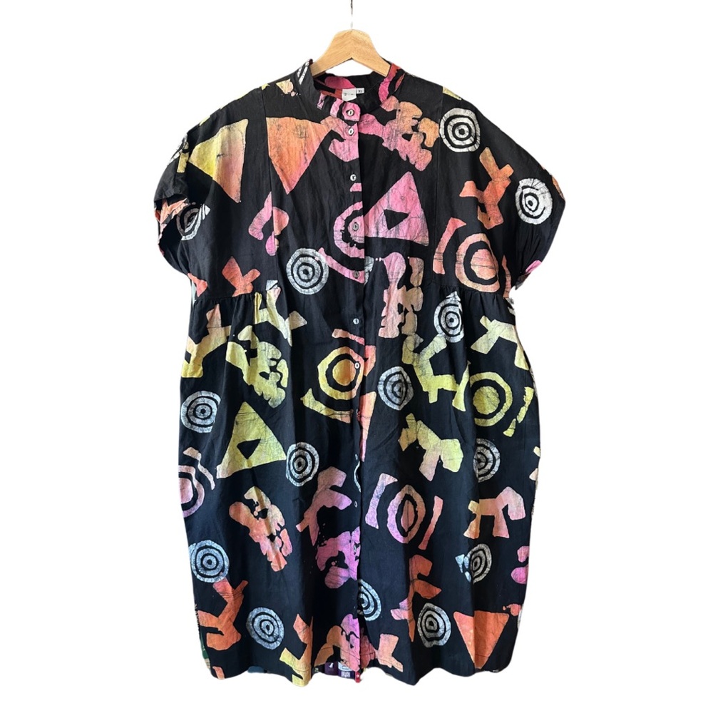 Women’s Black Midi Shirt Dress with Multicolor Abstract Print